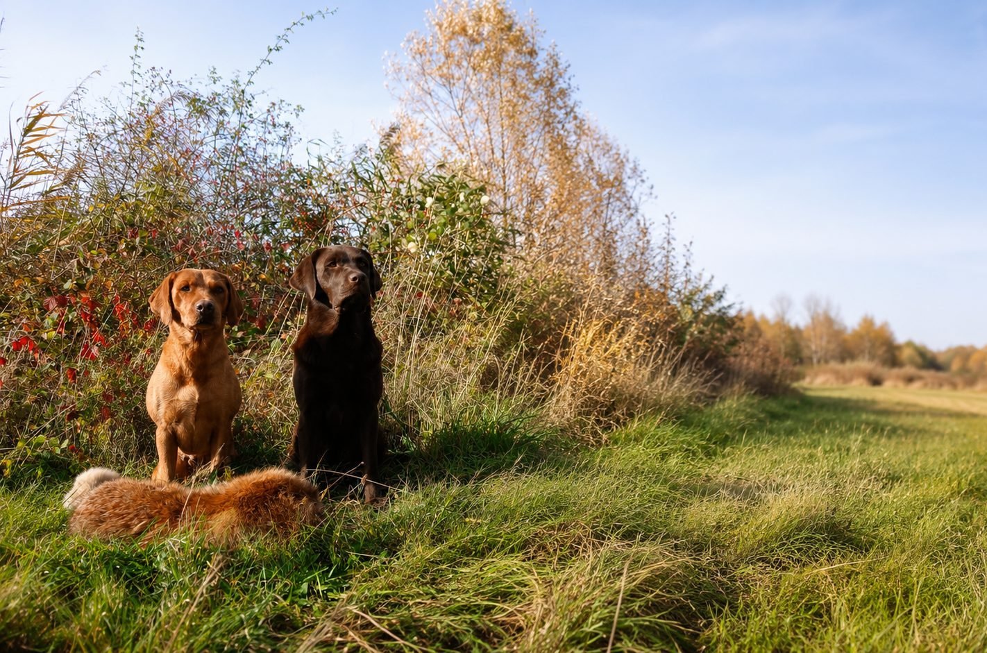 Ein fuchsroter und ein dunkler Labrador Retriever sitzen nebeneinander am Rand einer herbstlichen Wiese, davor liegt ein Fuchs